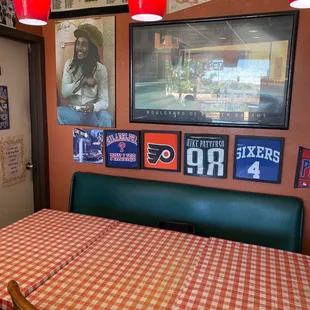 a table with a checkered tablecloth
