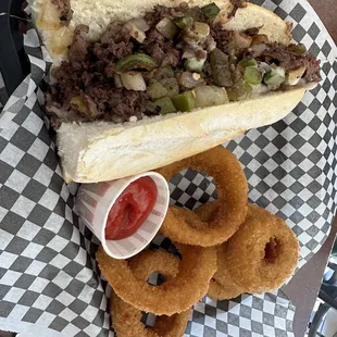 Susanne's with green chili and onion rings.