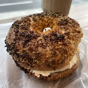 a bagel and a cup of coffee