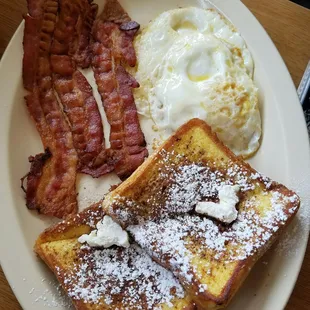 french toast, bacon and eggs