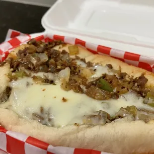 Pepper Onion Cheese Steak with Provolone, Extra Onion, Extra Garlic &amp; Horseradish.