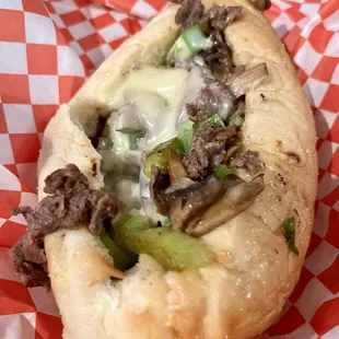 Philly Cheesesteak with peppers &amp; mushrooms. Tasty!