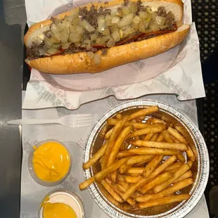 Pepperoni Cheesteak with Cheese fries , Cheese on the side