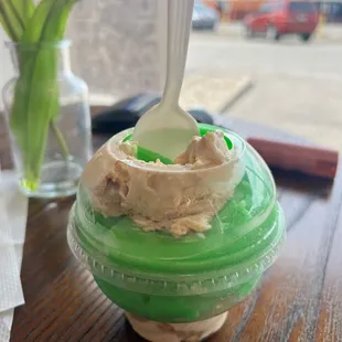 Gelati- pistachio ice and salted caramel ice cream