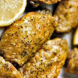 a close - up of a plate of chicken