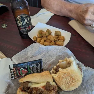 Philly with provolone, fried okra and Hank's Birch beer.. Very good!! We'll be back!
