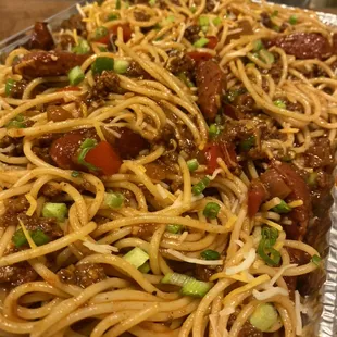 BBQ Spaghetti with evergoodsausage all beef hotlinks!!! Sooo Fire!!