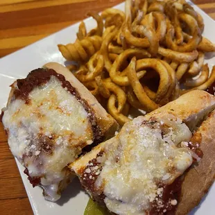 Meatball Sub with curly fries