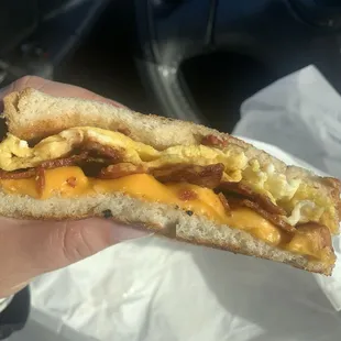 Bacon egg and cheese on sourdough, best breakfast sandwich I've had. The service was fast and very friendly.