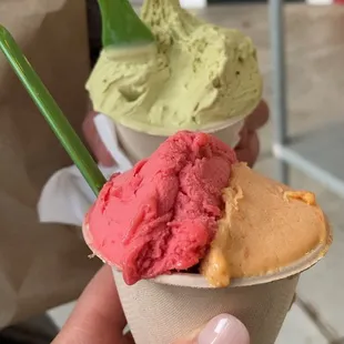 Small Pistachio and small strawberry and apricot sorbetto