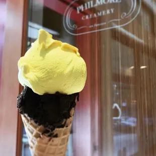 Chocolate decadence topped with turmeric gelato