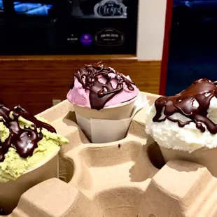 When one isn't enough, we'll help you carry three! Pistachio, Elderflower and Elderberry with rich dark chocolate from our fountain