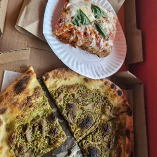 Margherita pizza (top) and pesto mushroom (bottom)
