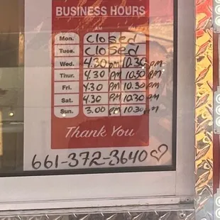 Current Hours. Closed Monday and Tuesday. Open for dinner and late night munchies. lol