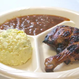 Grilled chicken, potato salad, baked beans