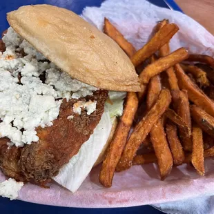 Buffalo chicken sandwich with sweet potato fries