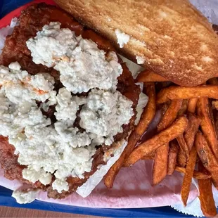 Buffalo chicken sandwich with sweet potato fries