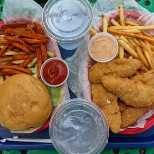Hot and Crunchy Fish Sandwich w/mixed fries and Adult Chicken Tender Basket