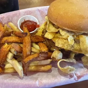 Frito burger on gluten free bun with mixed fries.