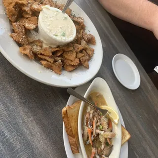 Fried Bowtie Pasta with Lump Crab Dip