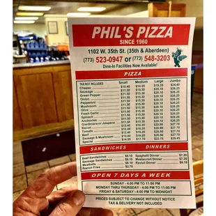 Menu.Phil&apos;s Pizza @ 1102 W 35th St, Chicago, IL Old School Bridgeport Pizza Place . Pizza Italian Beef Sandwiches Pastas etc. Cool!