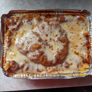 Chicken parmigiana with mostaccioli