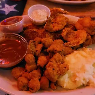 Blackened Catfish with Fried Shrimp. Sides were Fried Okra and Mashed Potatoes with Brown Gravy