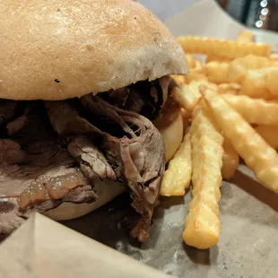 Prime rib sandwich with french fries