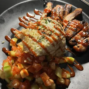 Chicken bowl with rice, egg, and kimchi