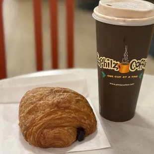 Chocolate Croissant warmed and my regular cup of Philz, think M***a T****o
