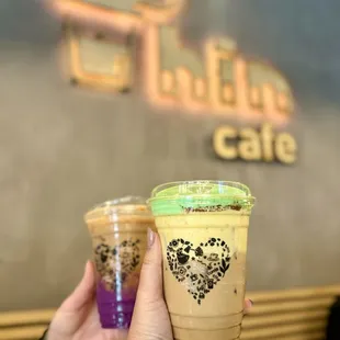 Egg Coffee with pandan cream; ube coffee