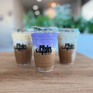 LTR: Egg Coffee, Ube Coffee, Pistachio Coffee