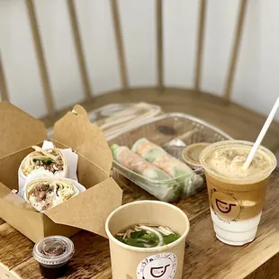 Pho Burrito, Shrimp Spring Rolls, Coconut Coffee