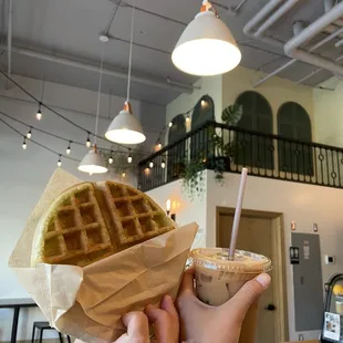 pandan waffle (Bánh kẹp lá dứa) and Bạc sỉu (light Vietnamese coffee)