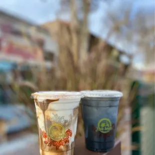 coconut coffee ($5) &amp; charcoal latte ($5)