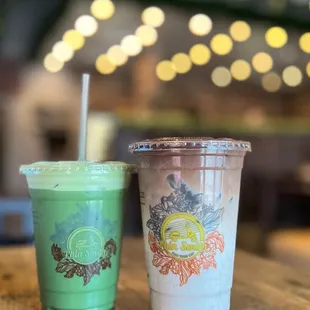 Banana coffee and matcha latte.