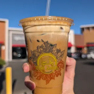 Peaches and Cream seasonal coffee! Really good, similar to the banana coffee but with peach milk.