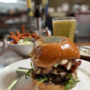 Phlight Burger-Medium well and Sweet potato fries with an ice cold, Mexican lager