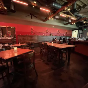 the interior of a restaurant with tables and chairs