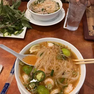Rare steak pho and shrimp pho