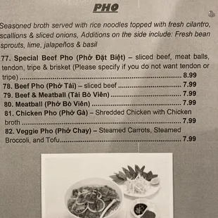 the menu for pho 1