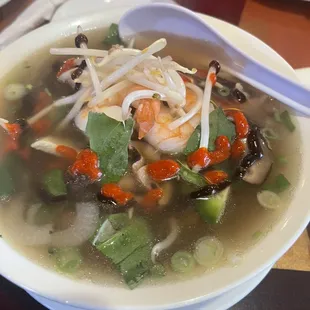 Chicken broth Pho with shrimp, mushrooms added.