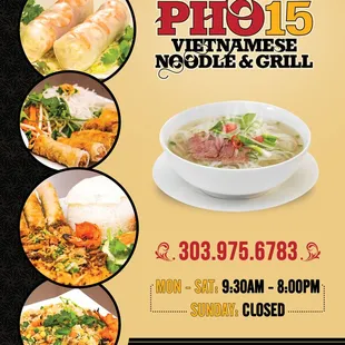 the menu for pho 15 vietnamese noodle grill