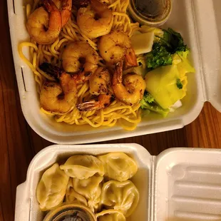 Grilled garlic shrimp &amp; noodles with veg up top, steamed dumplings below