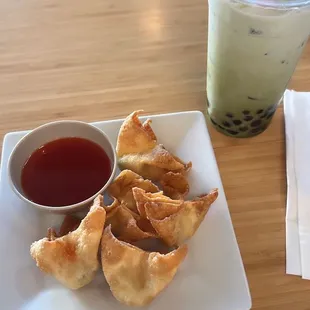 crab cream cheese and green thai tea with boba