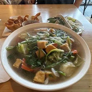 Veggie with fried tofu and beef broth. Crab and cream cheese Rangoon&apos;s.