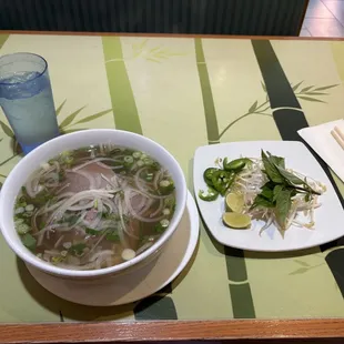 Pho Tai (comes with side of bean sprouts, lime, and jalapeno). I got extra onions in mine.