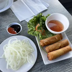 Egg rolls and vinegar onions