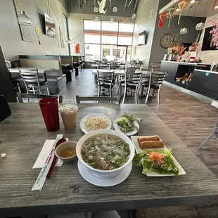Yummy pho and egg rolls