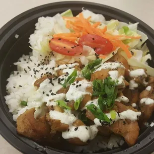 Curried chicken with cilantro cream,  rice, and tossed salad